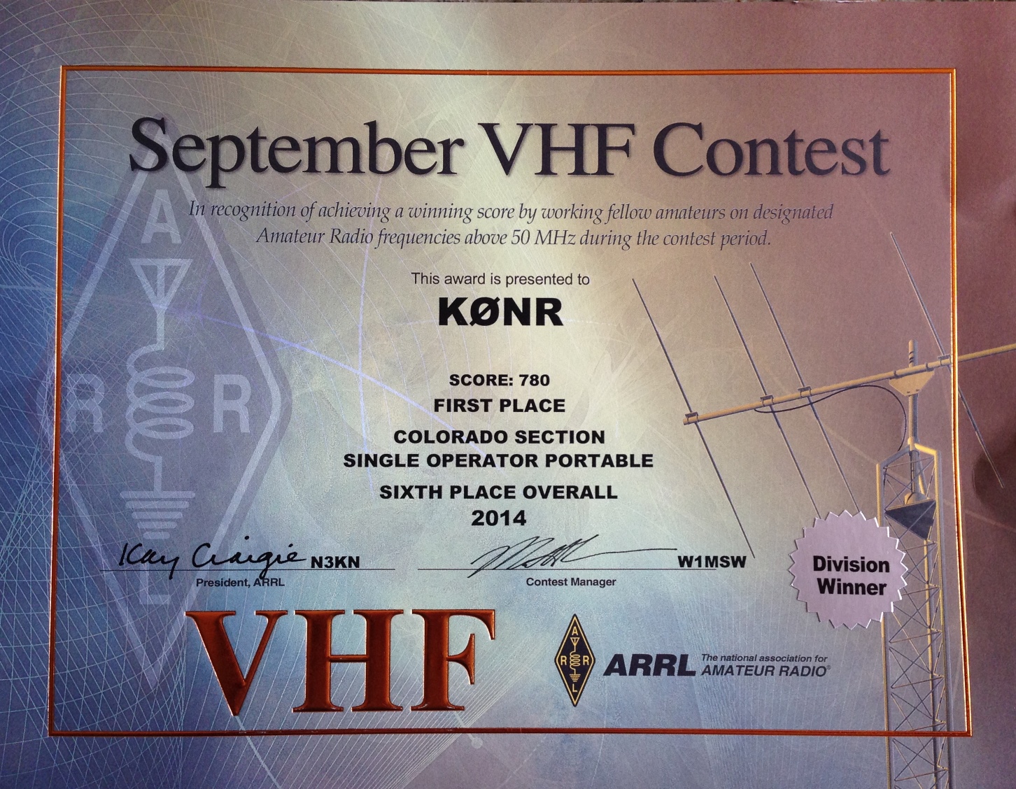K0NR 2014 Sept VHF Contest Award