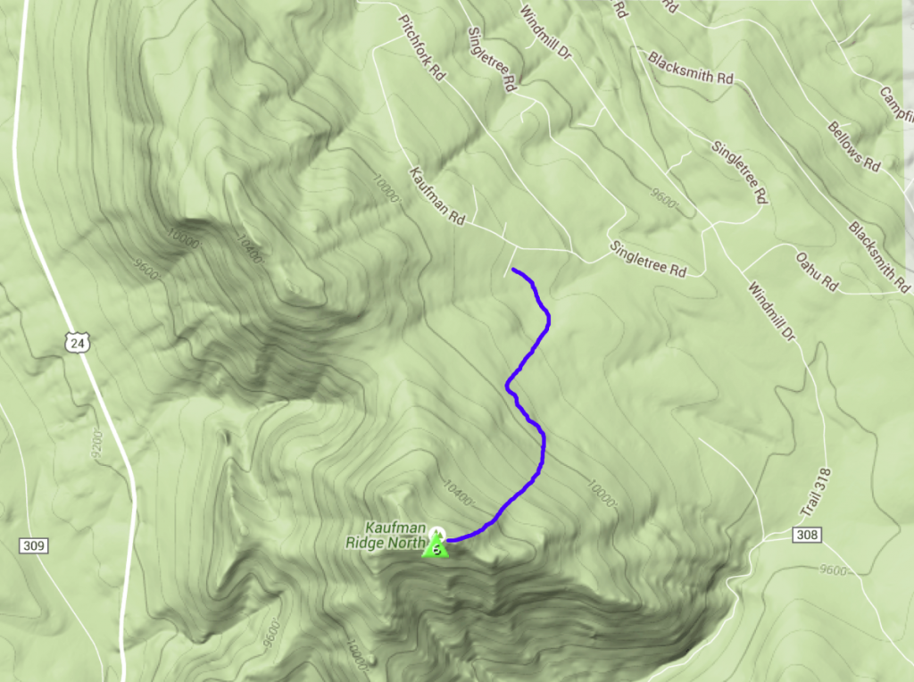 Snowshoe route shown to summit of Kaufman Ridge North